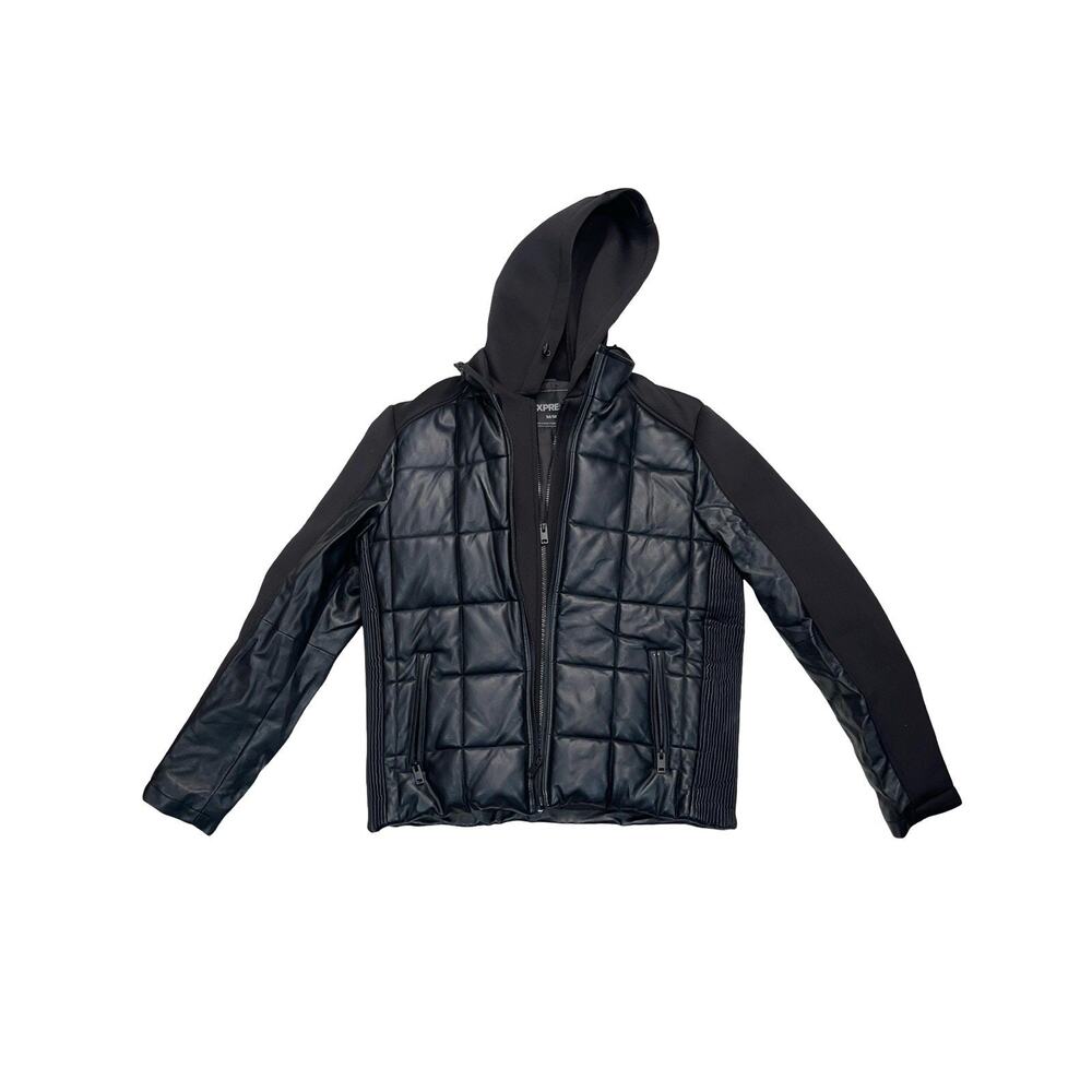 Express Quilted Hooded Jacket M/M Black Full Zip Puffer Style